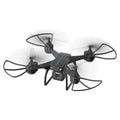 Blue remote control drone with four protective frames and a handheld remote on a white background
