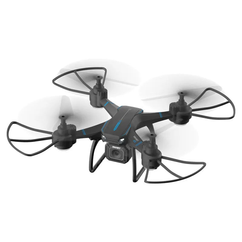 Blue remote control drone with four protective frames and a handheld remote on a white background