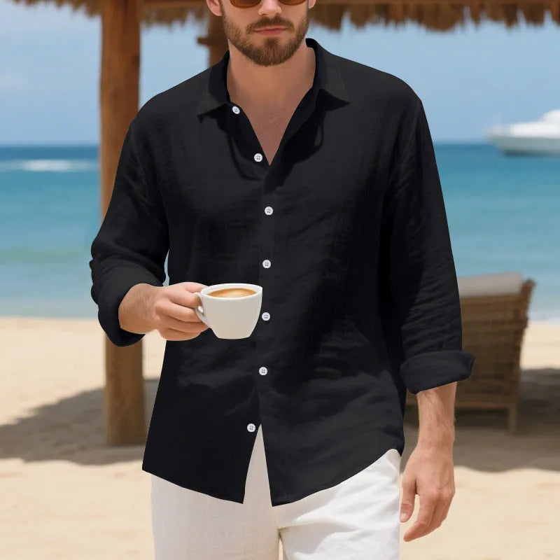 Man wearing a loose-fit linen casual shirt in a light blue colour, showcasing the relaxed style.