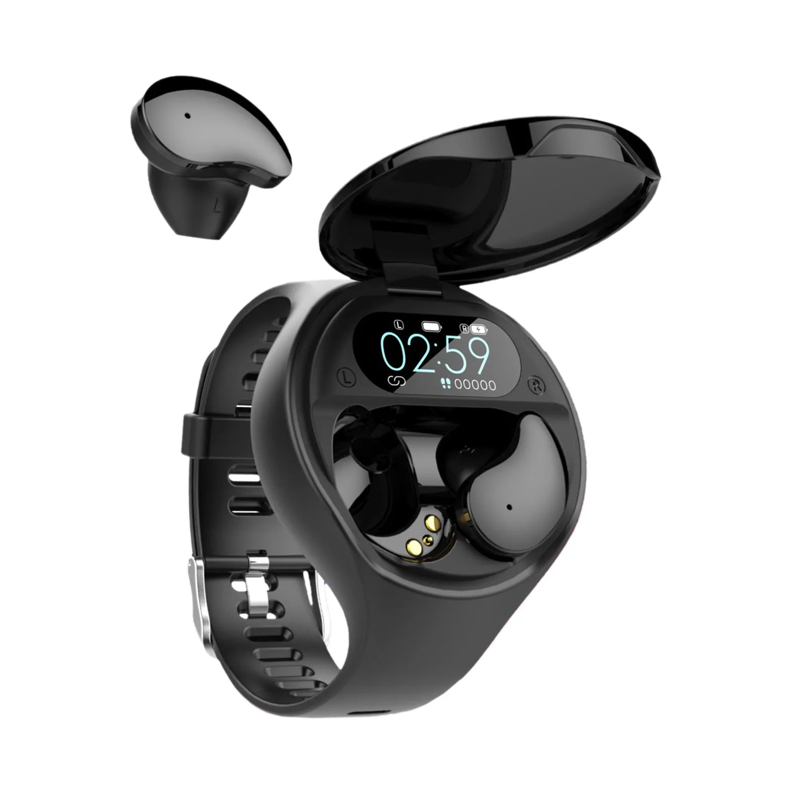 Black detachable Bluetooth headset and smart bracelet combo with colour screen for heart rate and step tracking.