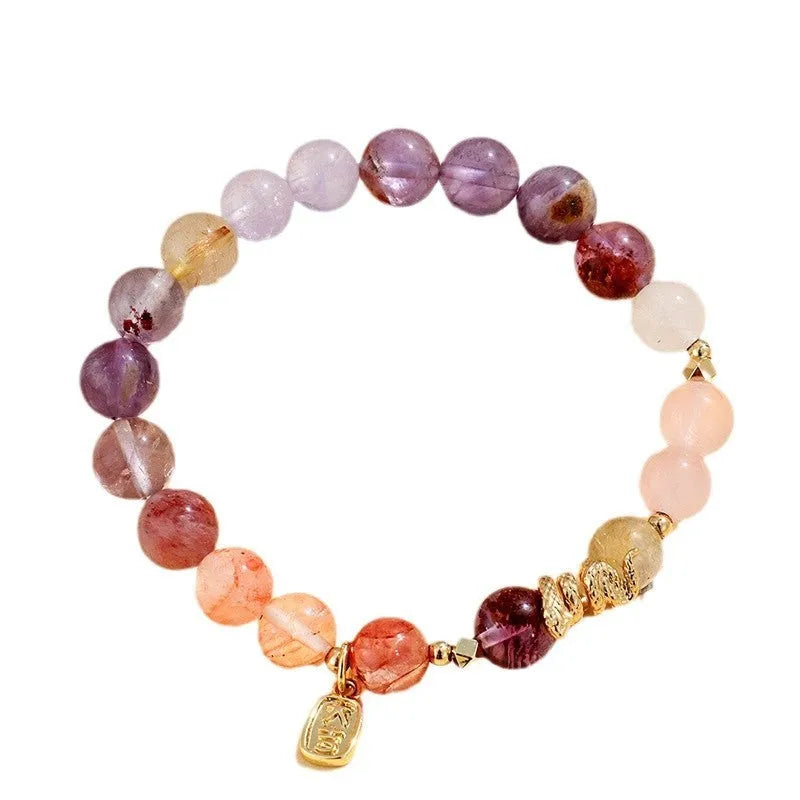 Handmade women's crystal lucky bracelet with Fu snake charm and amethyst beads.