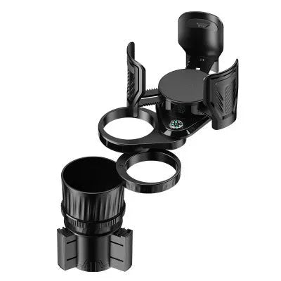 One Point Four adjustable car water cup holder in carbon fibre black showing retractable base.