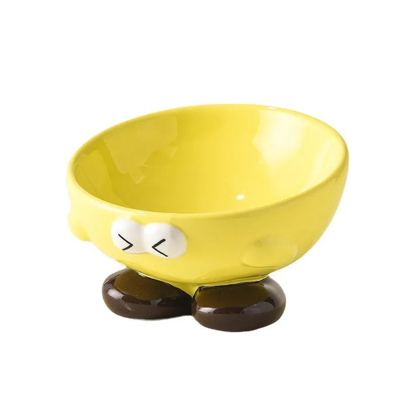Blue oblique tall ceramic bowl for cat or dog food, designed for cervical spine support.