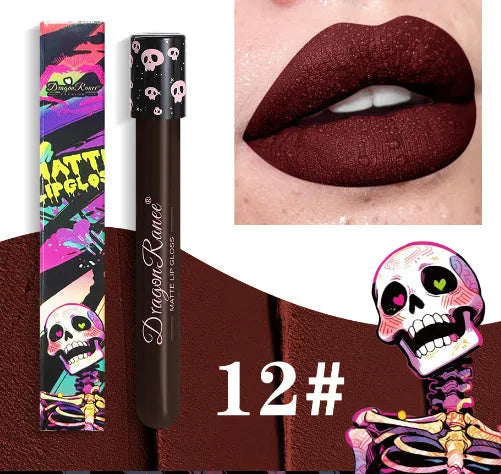 Halloween creative makeup lip gloss in test tube skull packaging with retro matte gold silver finish