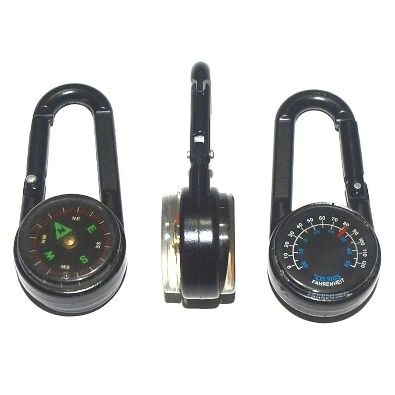 Black zinc alloy outdoor carabiner with integrated compass and thermometer display.