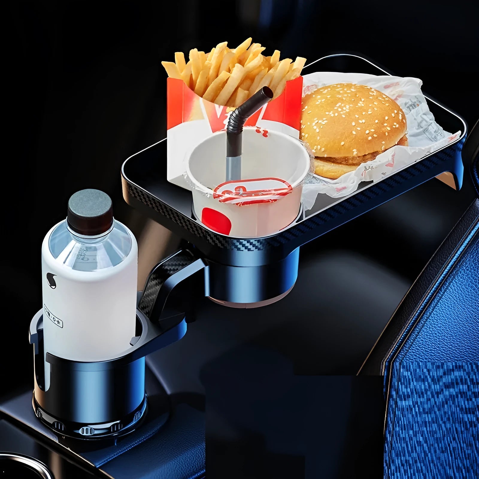Black ABS car cup holder with removable rotating dinner tray in vehicle