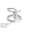 Women's stainless steel adjustable knotted open ring in gold or steel colour on a grey background.