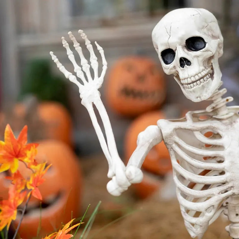 90cm tall plastic skeleton Halloween decoration with movable, articulated joints.
