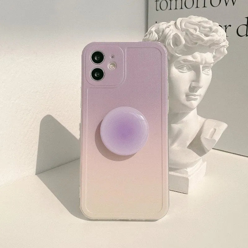 Yellow-purple gradient silicone iPhone case with retractable viewing bracket shown on mobile phone