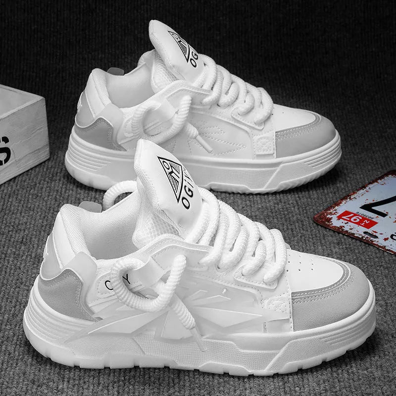 Men's white Harajuku chunky sneakers with thick rubber sole and synthetic leather upper.