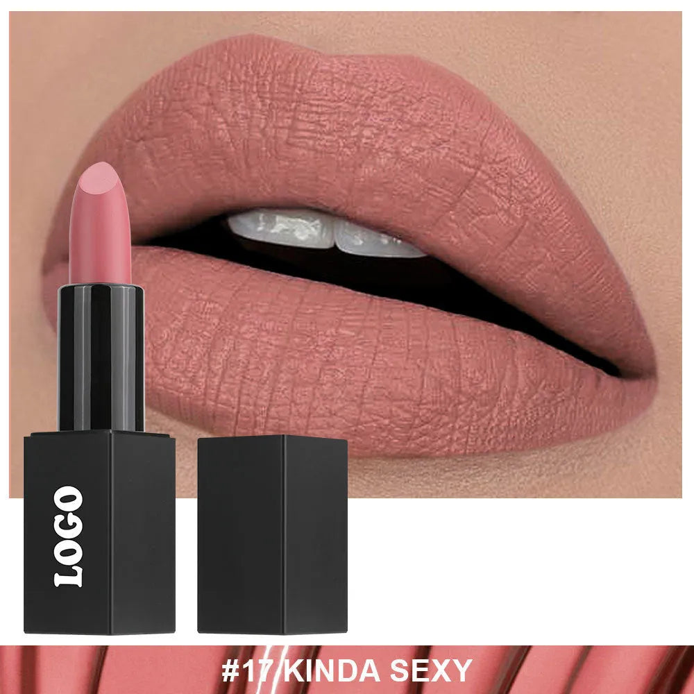 Matte finish lipstick bullet in one of 24 colours, showcasing waterproof and nonstick cup properties.