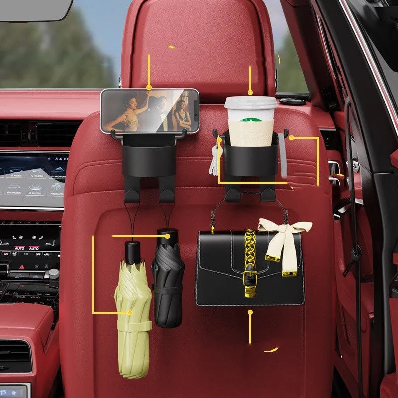 Black plastic car seat back organiser with cup holder and storage hooks