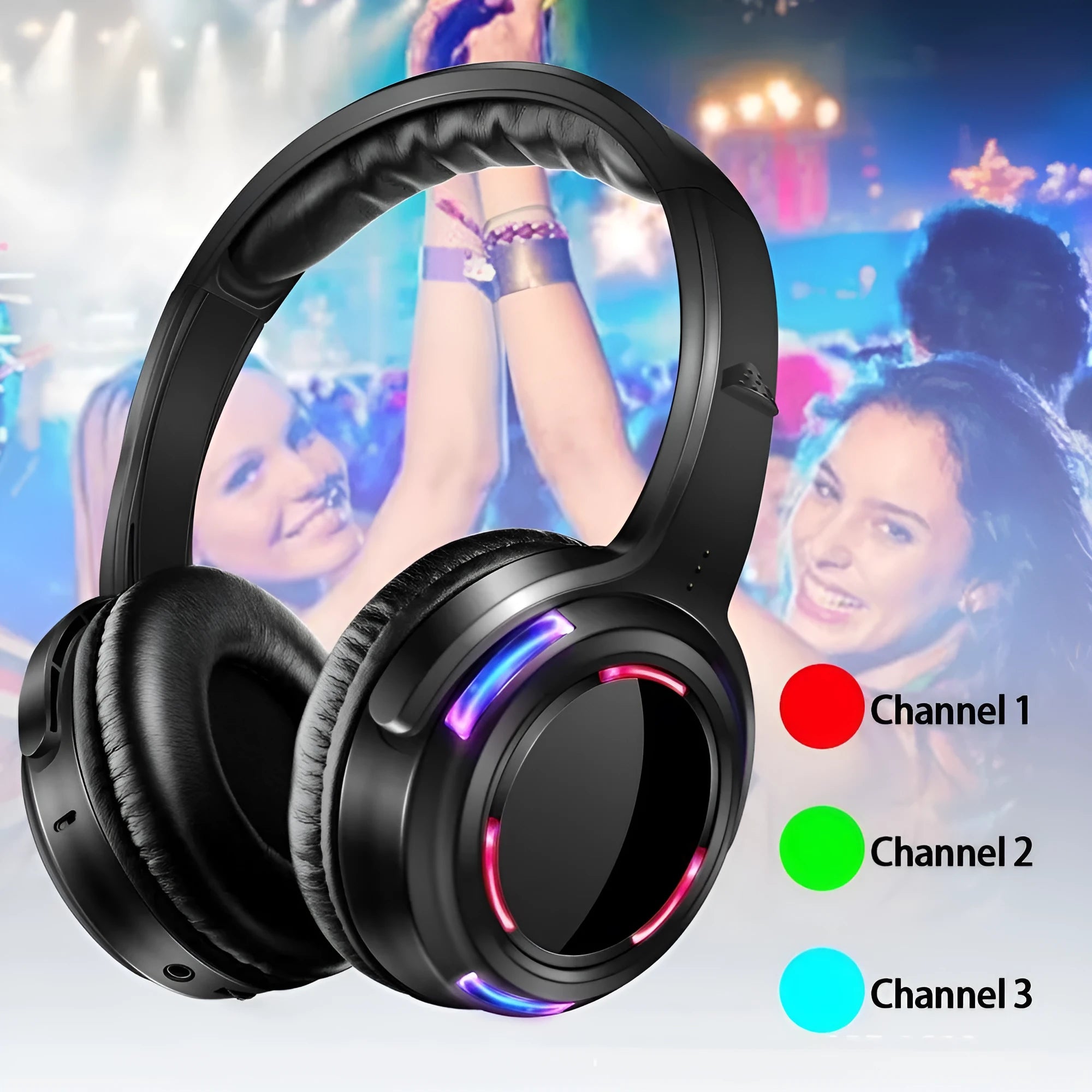 Black silent disco wireless headphones with 40mm drivers and a 3.5mm plug on a 3-metre cable.