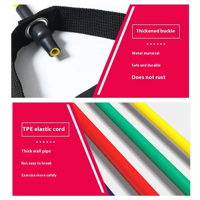 Colourful TPE chest expander tension rope shown in yellow, green, red, blue, and black resistance levels.