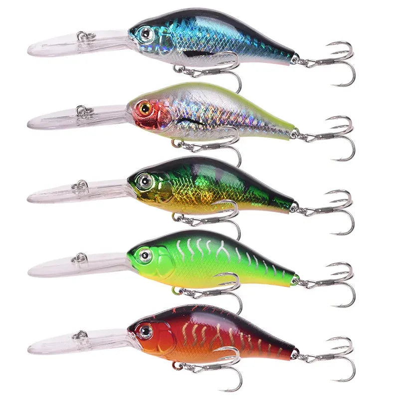 10.5cm long tongue board Mino fishing lure in colour option A, shown alongside other colour variants B through E.