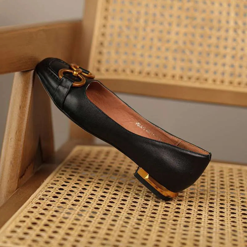 Women's metal flat Mary Jane pumps with square toe bracket in black, beige and apricot colour options