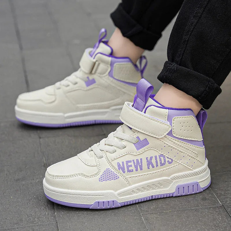 Children's buckle closure sneakers with letter pattern in beige green, blue, white powder, and white & purple colours