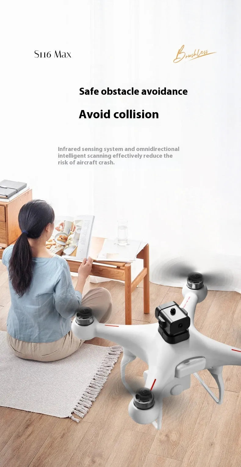 Black and white compact brushless drone with obstacle avoidance sensors and a dual camera system