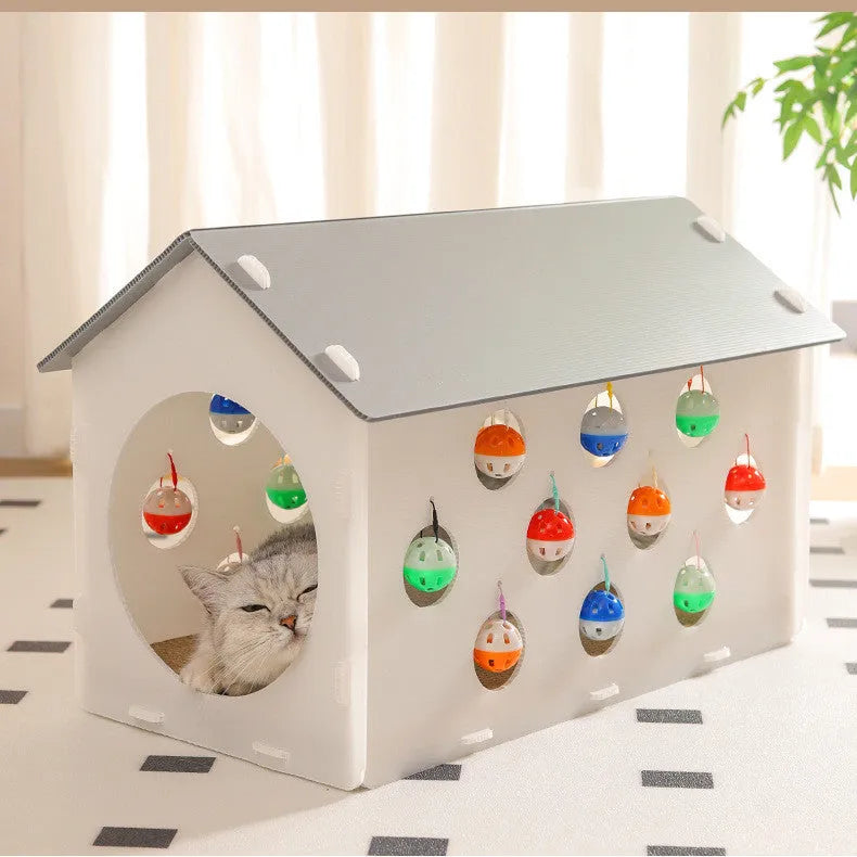 Plastic cat scratch board integrated with cat nest and bell ball tunnel toy