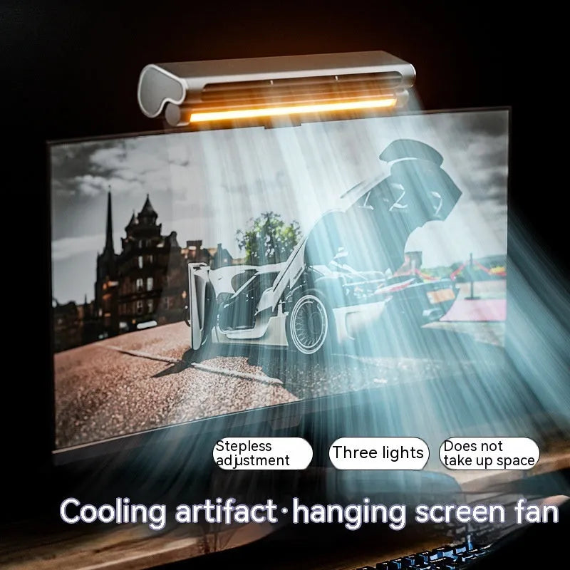 Black USB-powered bladeless fan with a clip, mounted on a laptop screen, showing its integrated light.