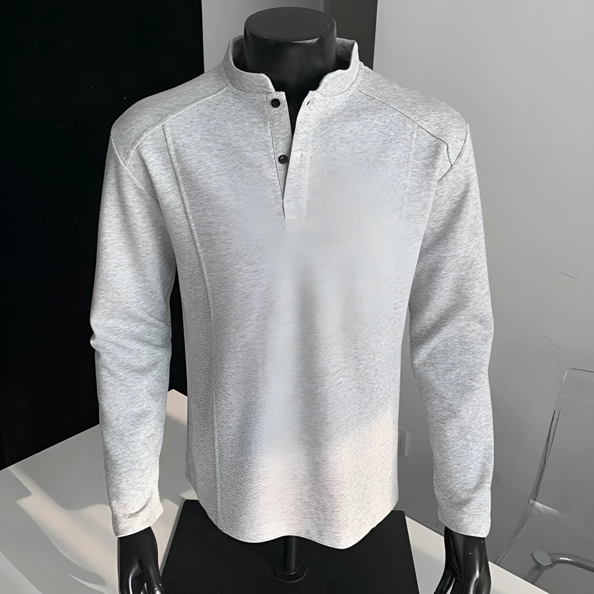 Men's loose fit polo shirt with patchwork stand-up collar and asymmetrical design in grey and black colours