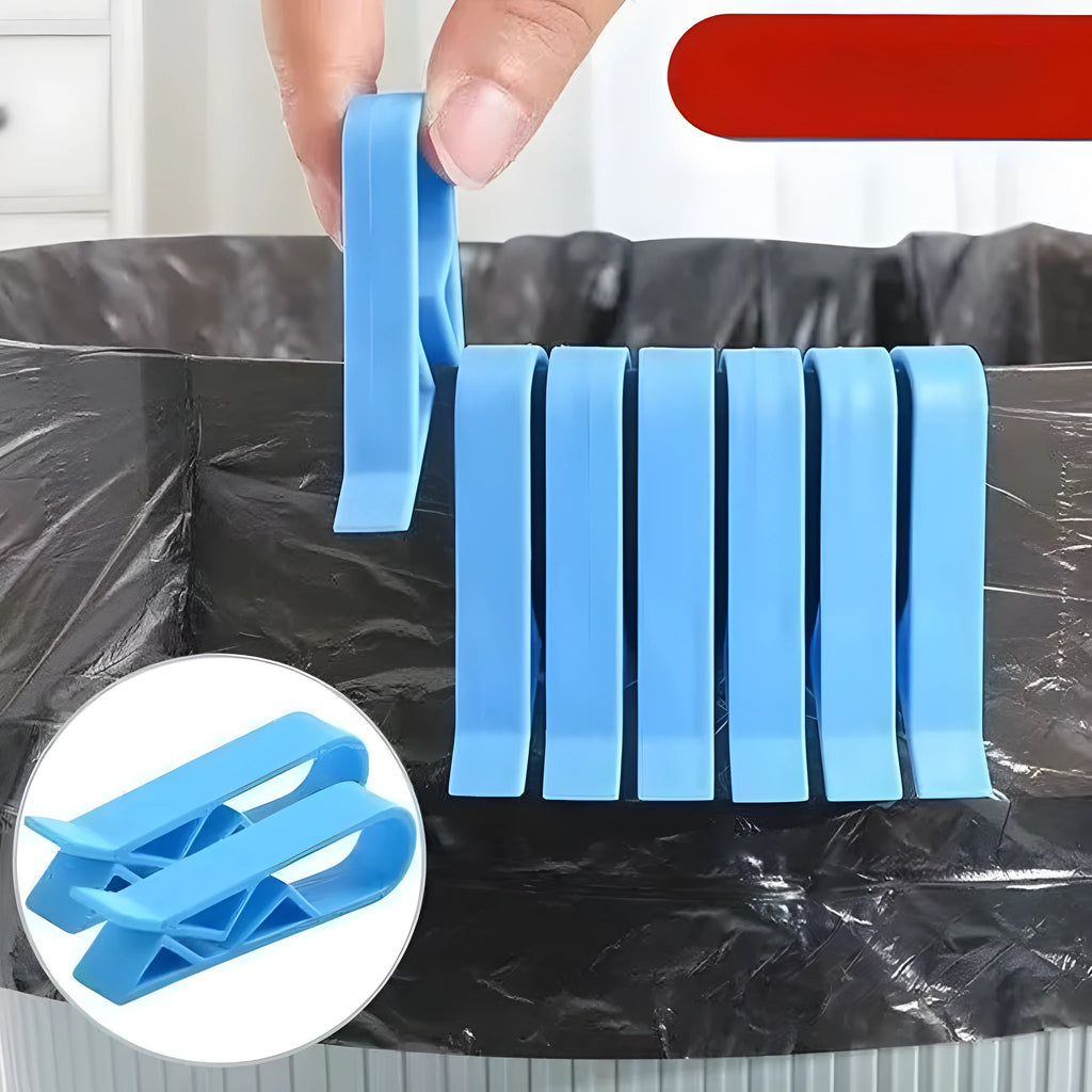 Green and black non-slip plastic clip for holding a bin bag on a wheelie bin rim.