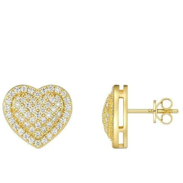 A pair of golden heart-shaped stud earrings with moissanite stones on a grey background.
