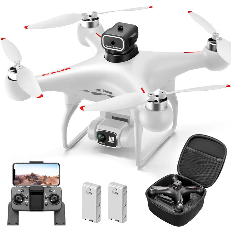 Black and white compact brushless drone with obstacle avoidance sensors and a dual camera system