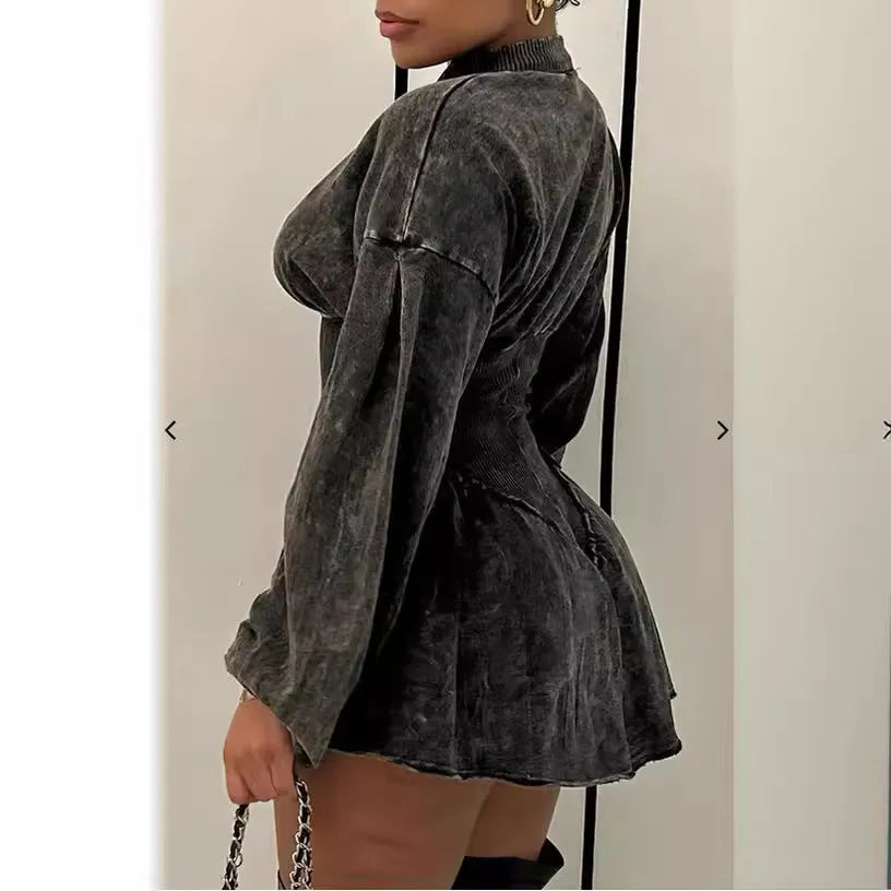 Grey digital print dress with drawstring waist and A-line silhouette