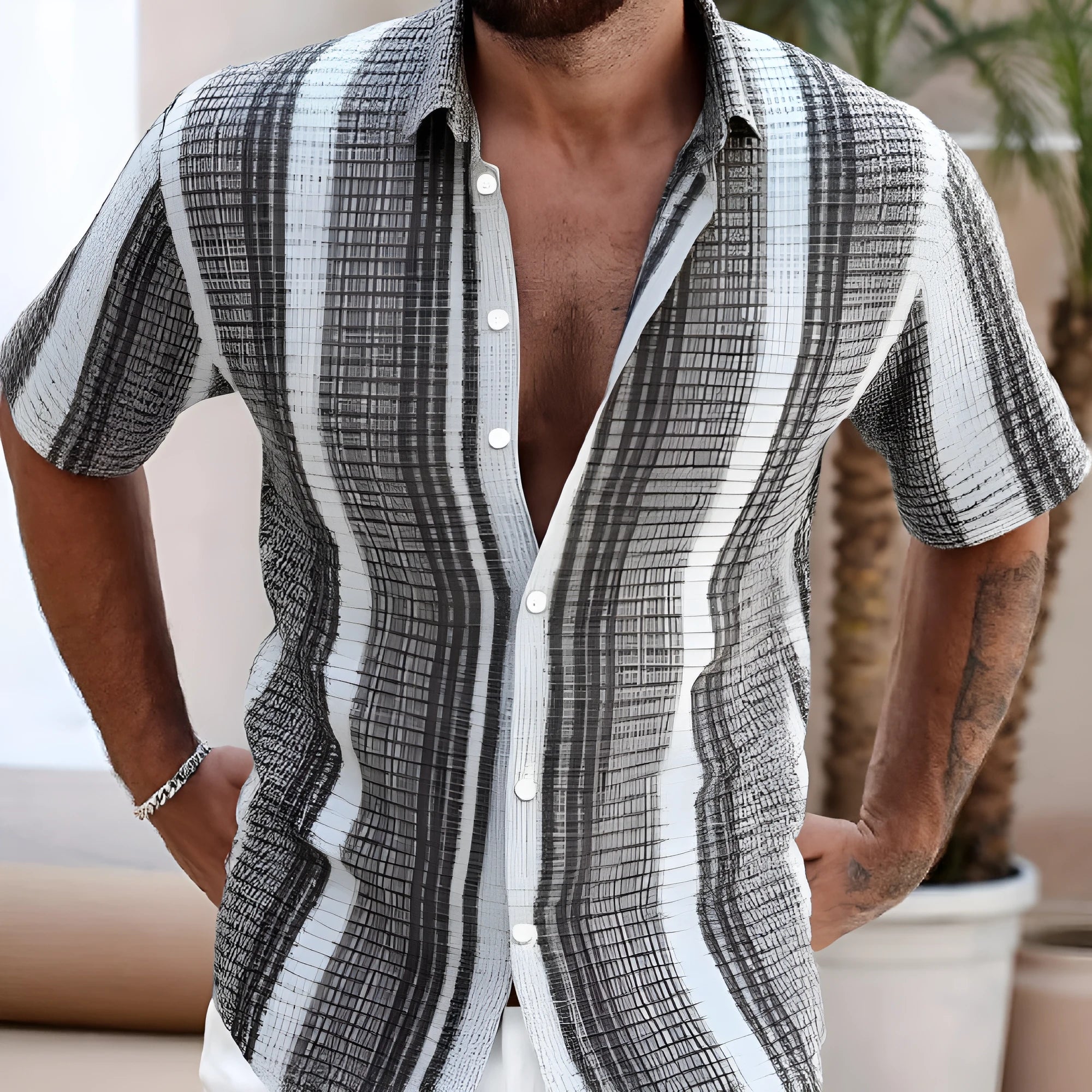 Men's slim fit short sleeve shirt with blue 3D printed flower pattern