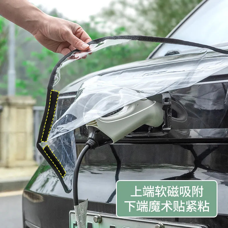 Black electric vehicle charging gun rain cover with magnetic strips unfolded to show 60cm by 50cm size