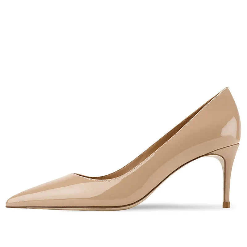 Women's black pointed toe slip-on high heels with a French mouth design on a white background.