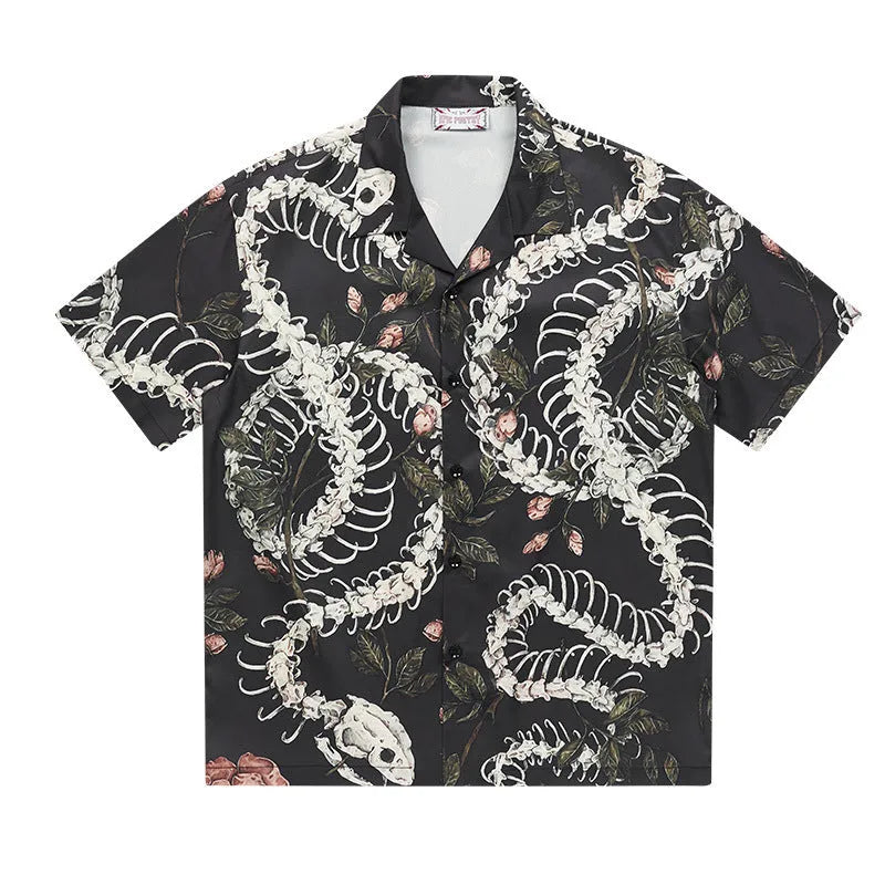 Short sleeve Cuban collar shirt with snake bone and floral printed pattern in loose cardigan style.