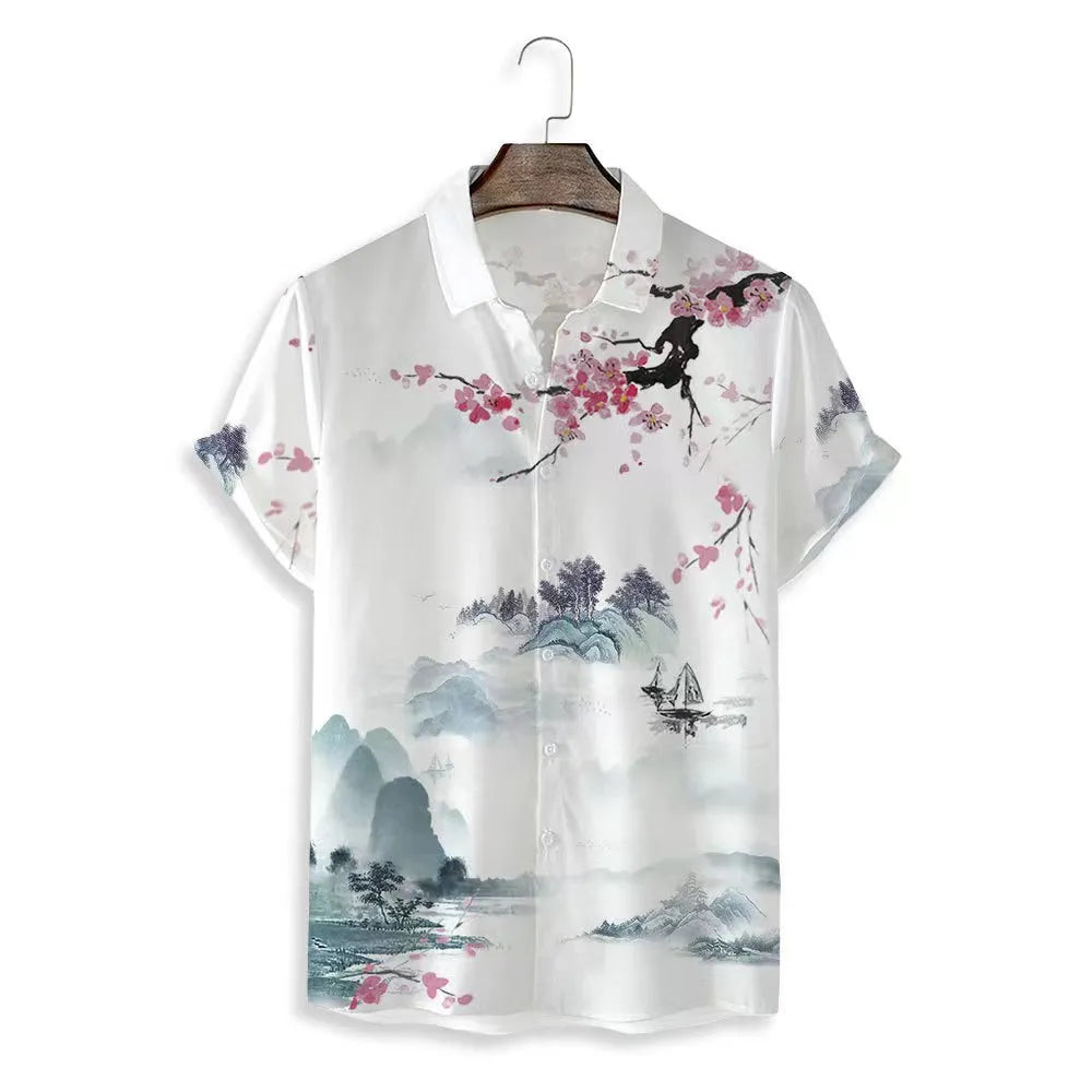 Men's printed plant pattern short sleeve shirt in casual fit, polyester fabric, available in multiple colours