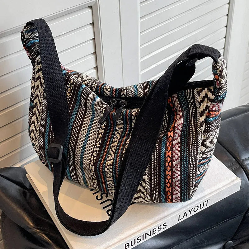 Women's ethnic style canvas crossbody dumpling bag with three-dimensional pockets in five colour options