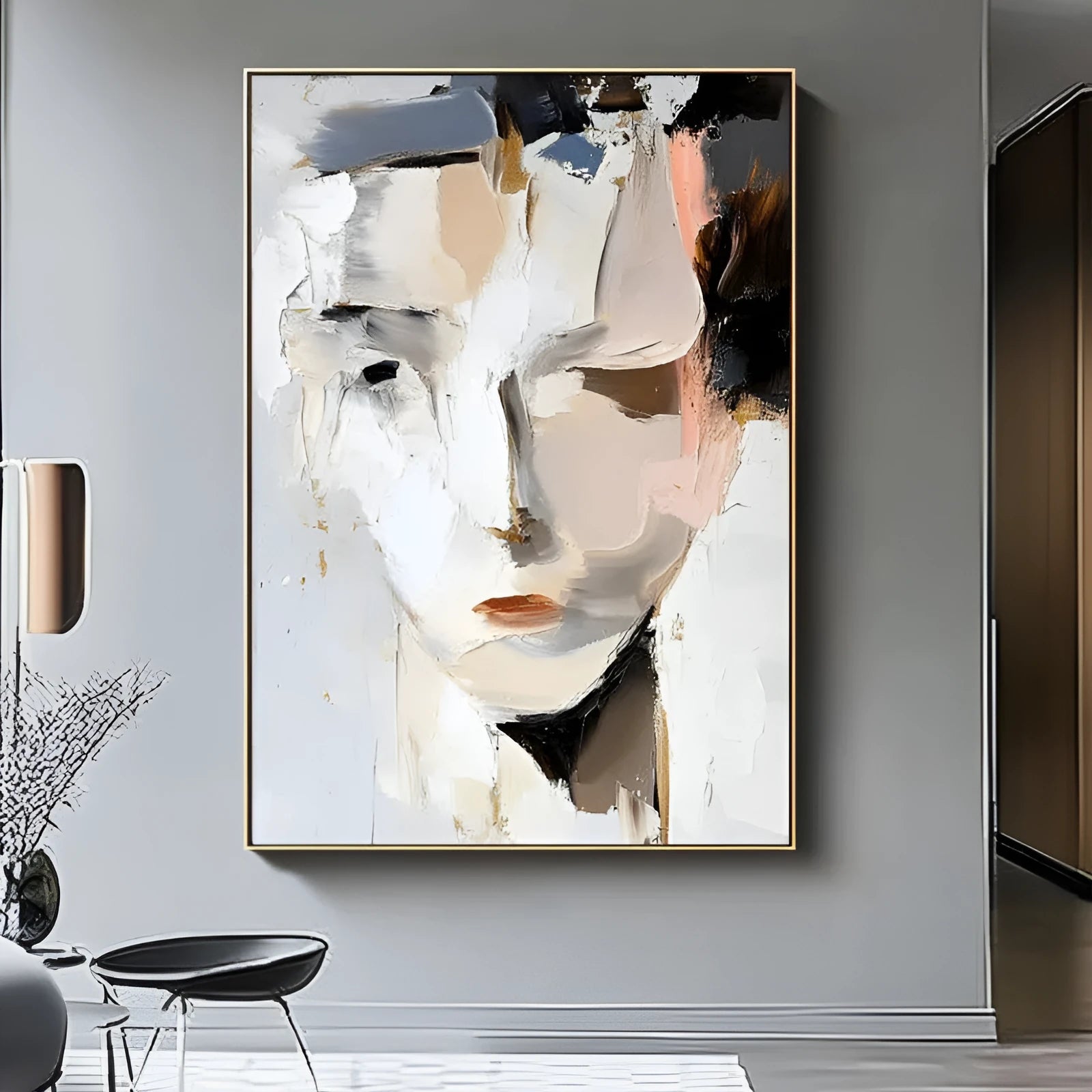 Hand-painted abstract woman portrait oil painting on canvas, modern black and white, vertical orientation