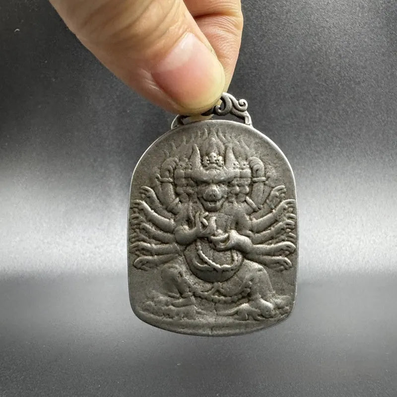 Iron geometric Chinese style hanging pendant ornament with Aryaacalanatha Yamantaka deity centrepiece