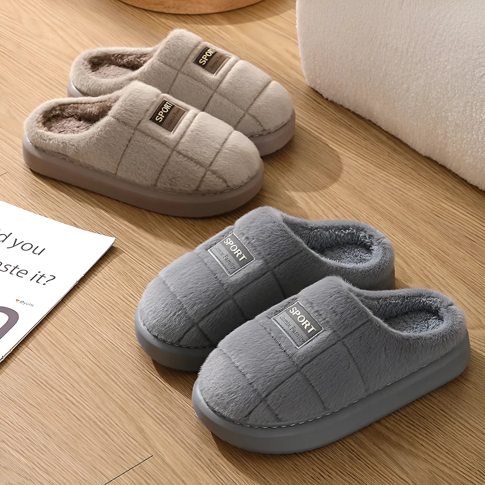 Men's plaid rabbit hair slippers with toe holder design and grey artificial wool lining