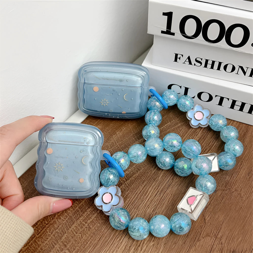 Wavy edge blue starry sky TPU soft shell earphone case for AirPods with chain