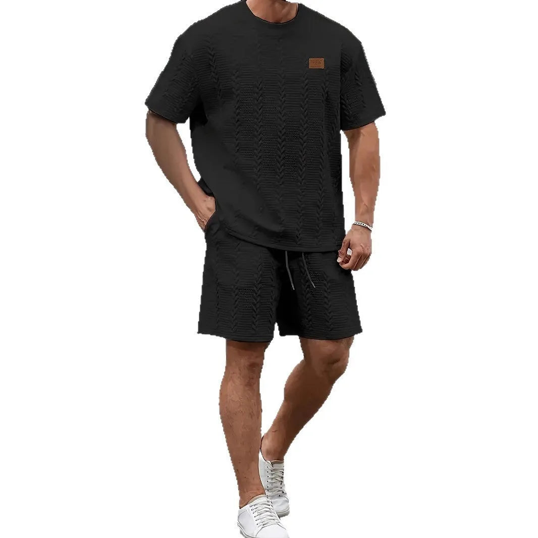 Men's black patch design rib short sleeve and shorts sports two-piece set