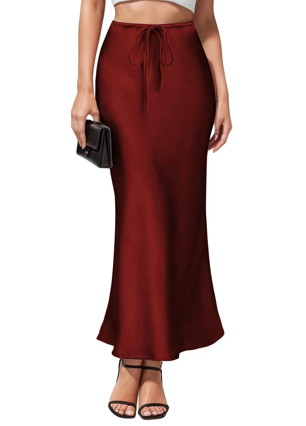 Asymmetric acetate satin skirt with irregular stitching detail in high waist design