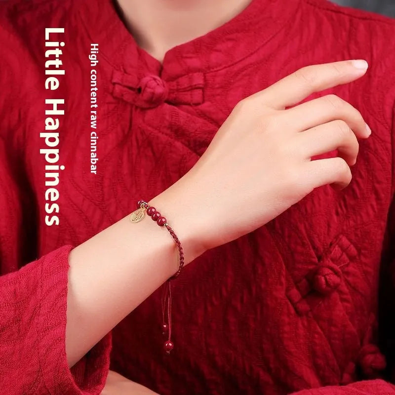 Cinnabar ethnic bracelet with braided rope strap and blessing charm for exam luck symbolism