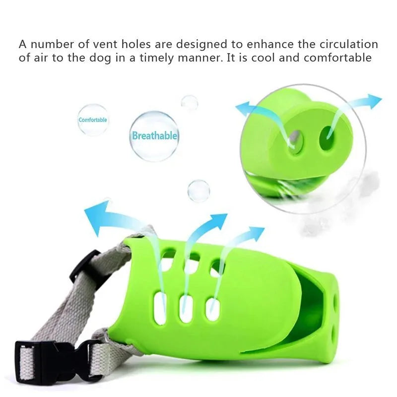 Blue silicone dog muzzle for long-mouthed breeds showing flexible construction