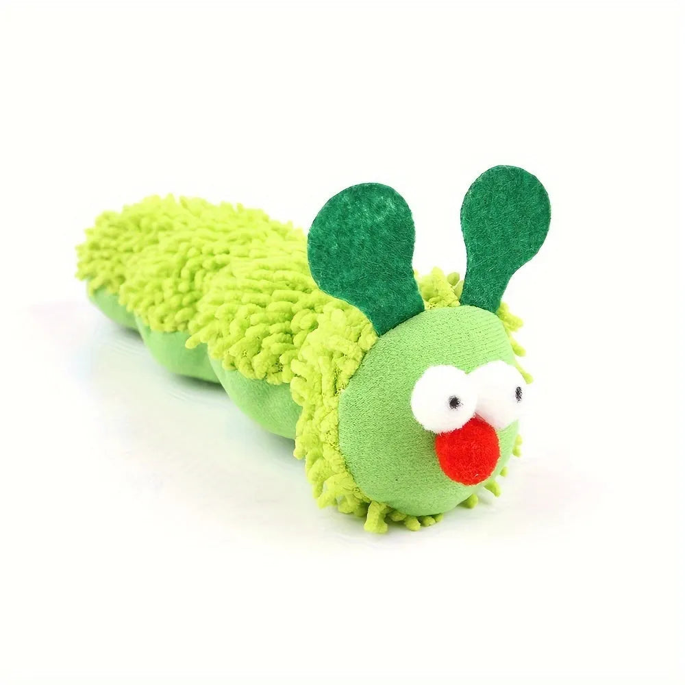 Green plush interactive cat toy pillow with electronic vibration and sound features for indoor play