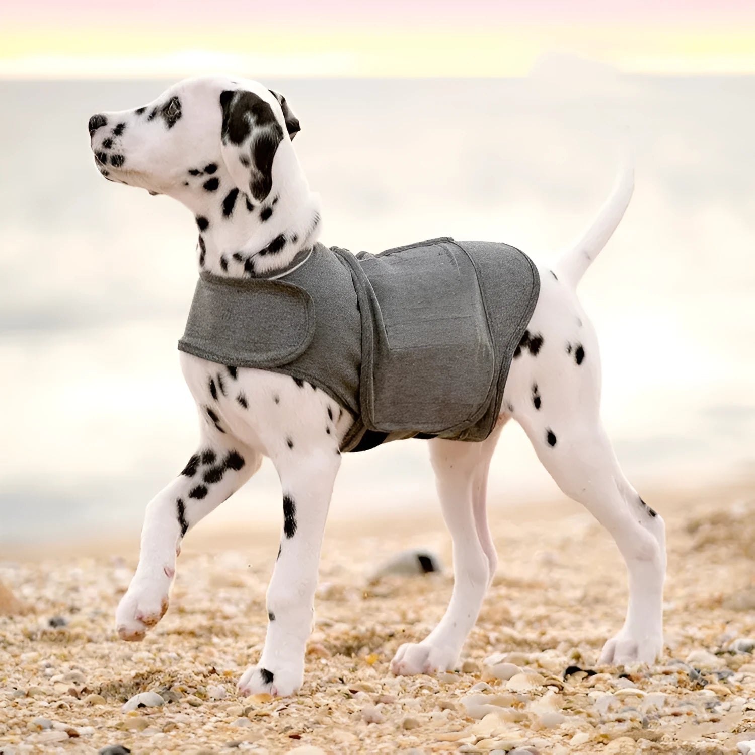 Heather grey dog anxiety vest or calming jacket on a model, showing size range from XXS to XXL.