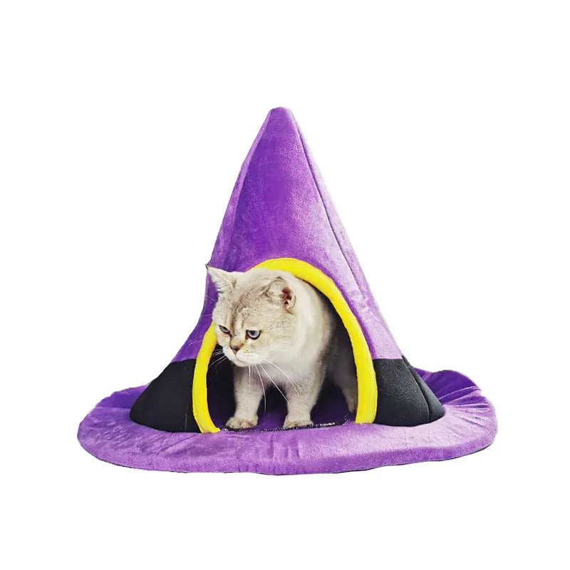 Purple witch hat shaped soft cloth cat bed for indoor use, measuring 60cm by 45cm.