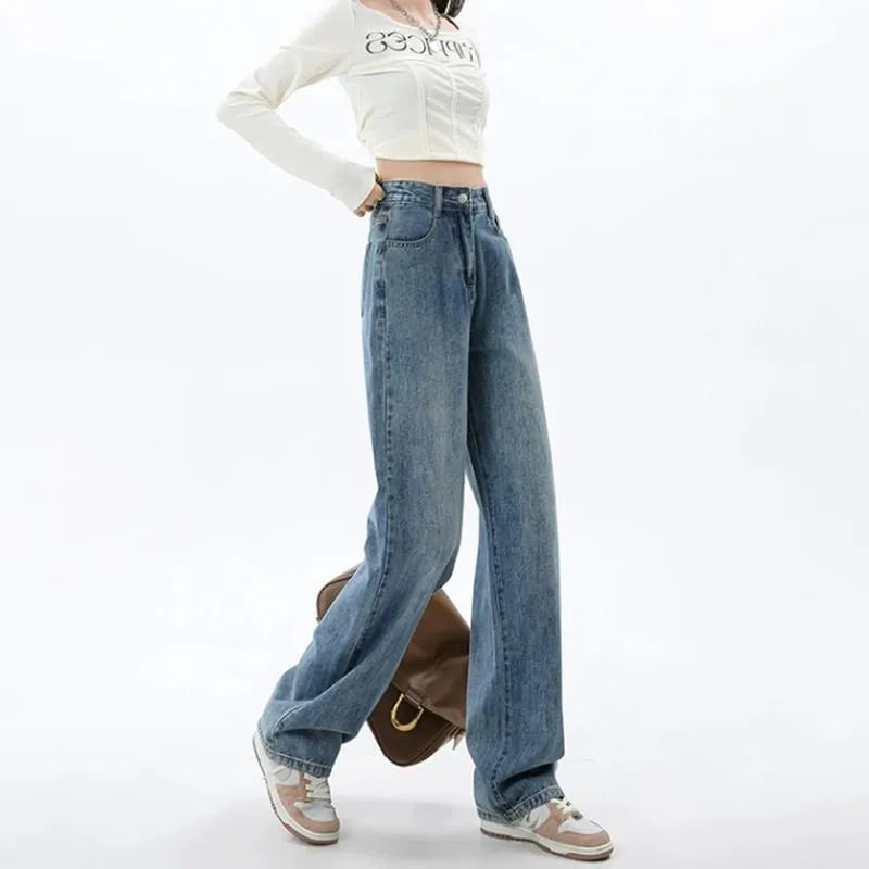 Retro blue high-waist wide-leg jeans for women on a hanger.