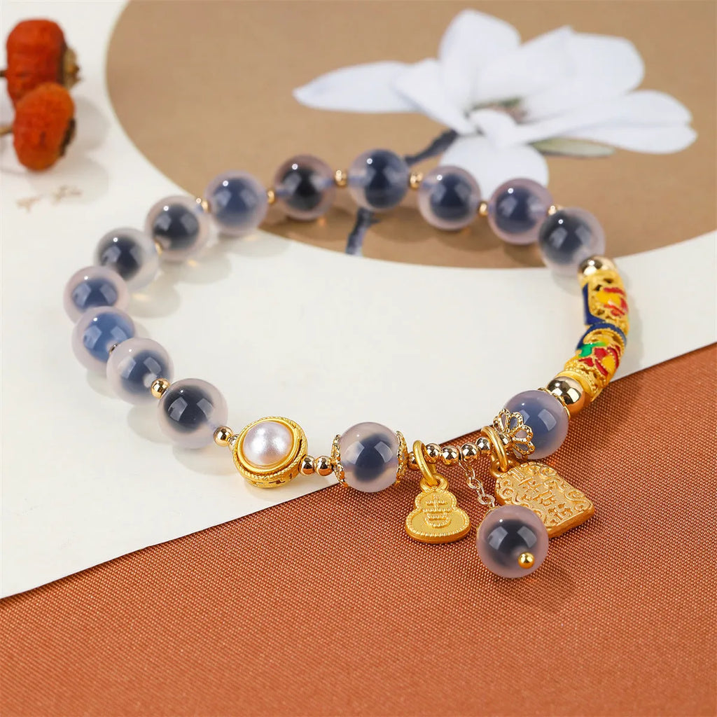 Handmade Sugar Heart Agate bracelet with adjustable cord in ethnic retro style