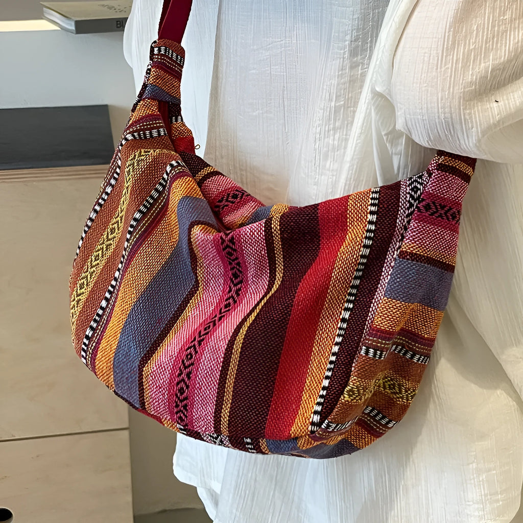 Women's ethnic style canvas crossbody dumpling bag with three-dimensional pockets in five colour options