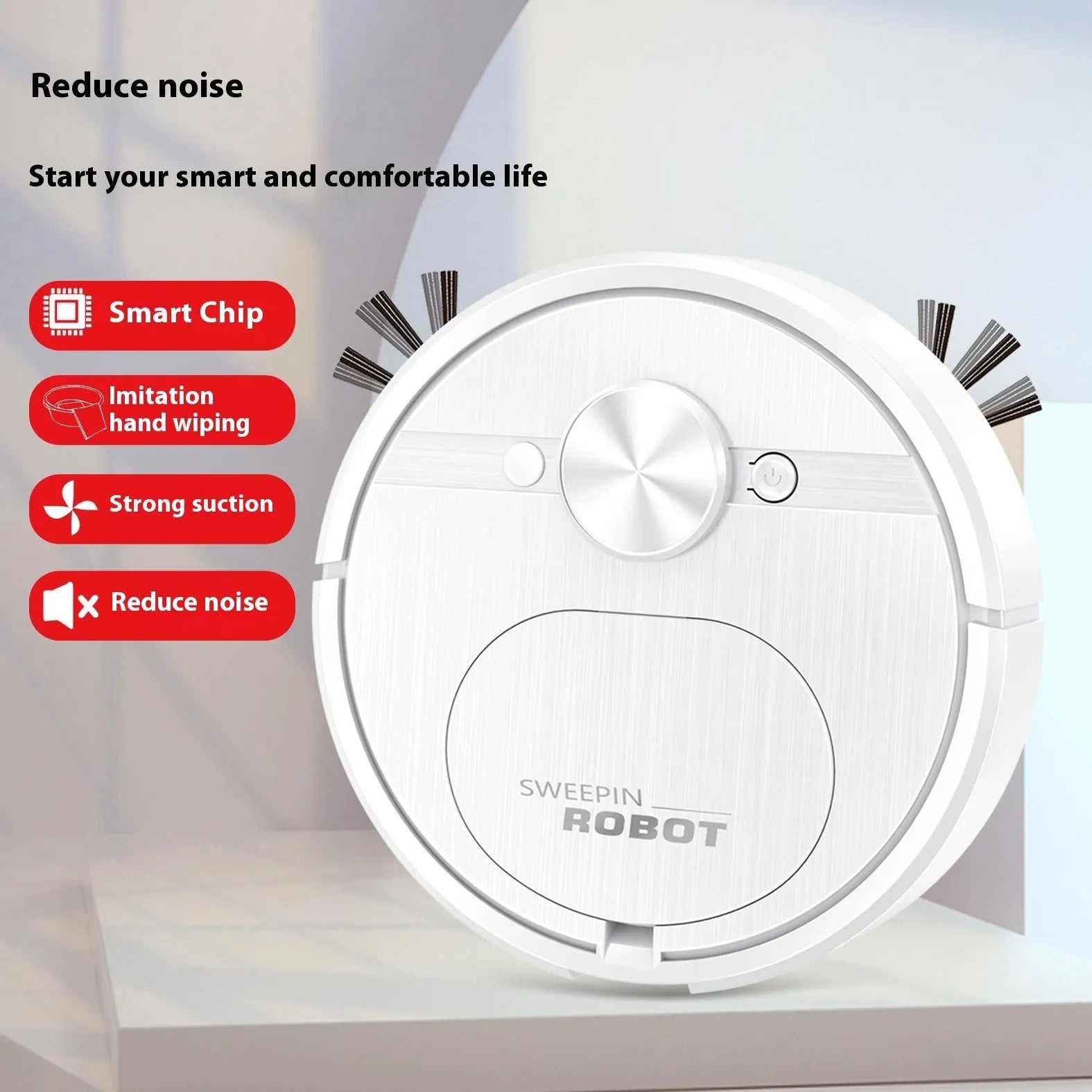Black or white three-in-one robot vacuum cleaner with sweeping brushes and a mopping attachment.